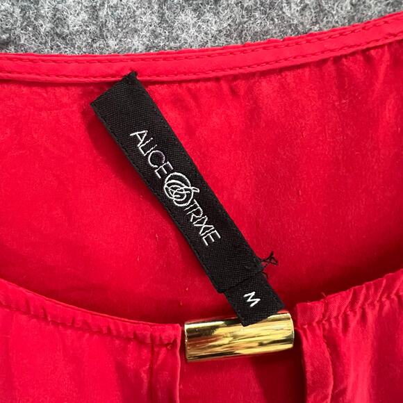 Alice Trixie NYC Silk Shift Dress M Cherry Red Keyhole Neck Bell Sleeve Cocktail - Picture 13 of 15